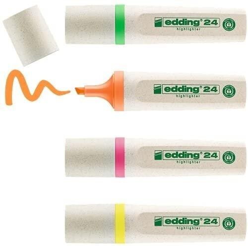 Edding 24 EcoLine Surligneur - étui de 4 coloris - Jaune, orange, rose, vert - Pointe biseautée 2-5 mm - pour marquer et surligner textes, notes facilement et rapidement - rechargeable, en matériau recyclable