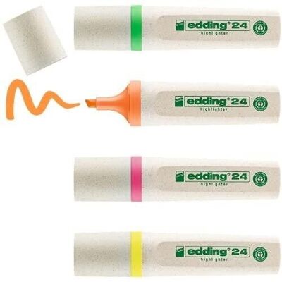 Resaltador Edding 24 EcoLine - estuche de 4 colores - amarillo, naranja, rosa, verde - punta biselada 2-5 mm - para marcar y resaltar textos, notas fácil y rápidamente - recargable, en material reciclable