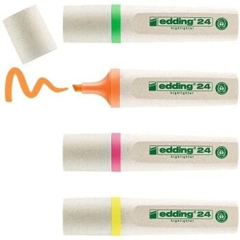 Edding 24 EcoLine Surligneur - étui de 4 coloris - Jaune, orange, rose, vert - Pointe biseautée 2-5 mm - pour marquer et surligner textes, notes facilement et rapidement - rechargeable, en matériau recyclable 1