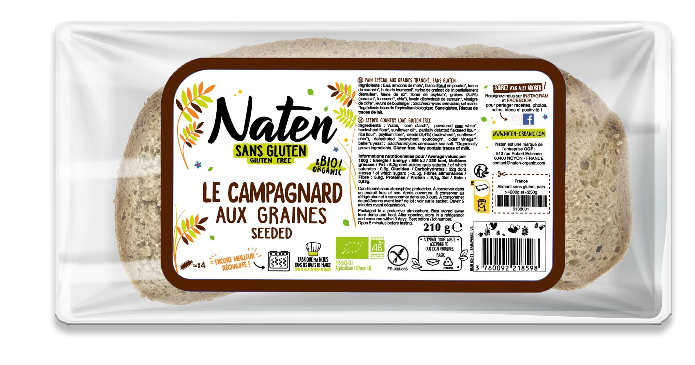 Pane contadino con semi senza glutine 210g Naten