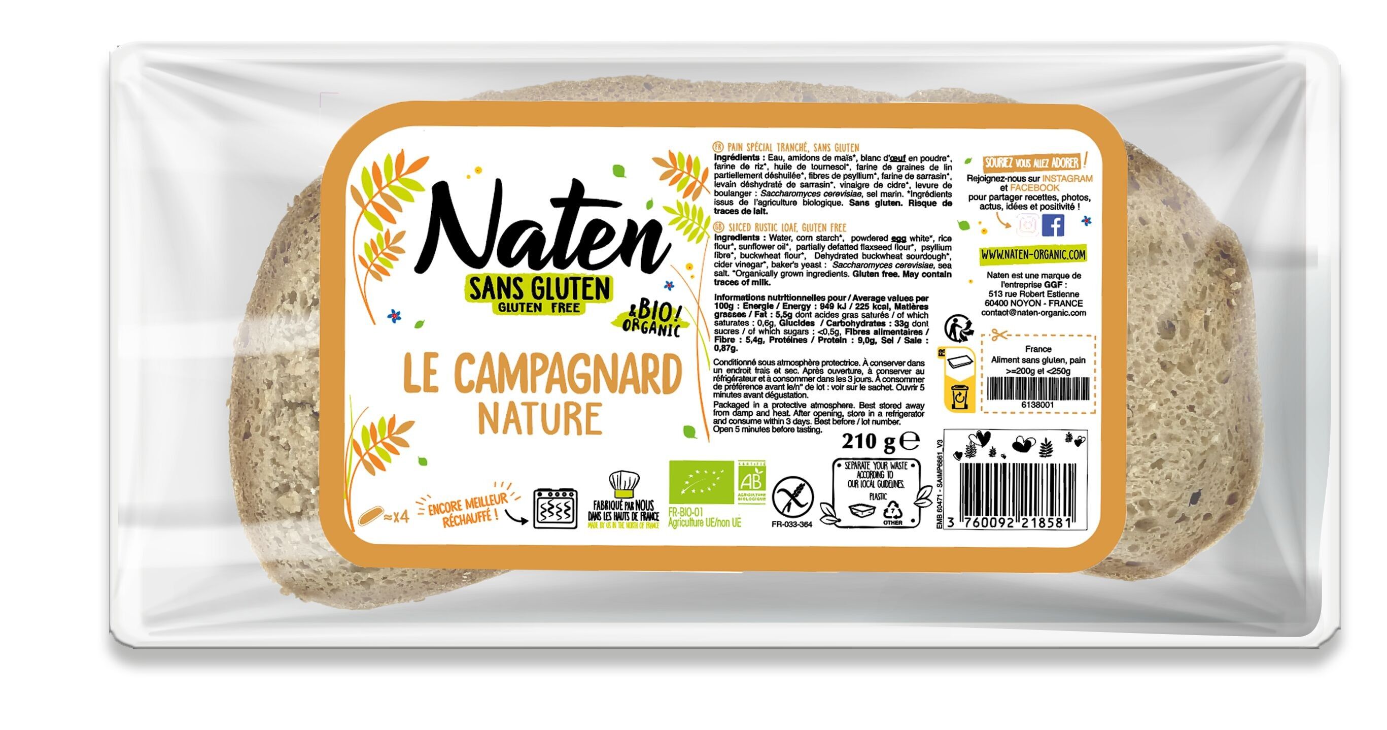 Pane di campagna semplice senza glutine Naten 210g