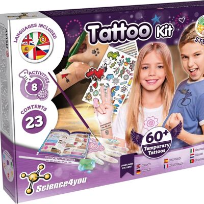 Science4you - Kit de tatouages temporaires pour enfants +8 ans - Studio de tatouage pour enfants avec 8 expériences et travaux manuels : créez plus de 60 tatouages pour enfants - Kits éducatifs et scientifiques pour enfants +8 ans