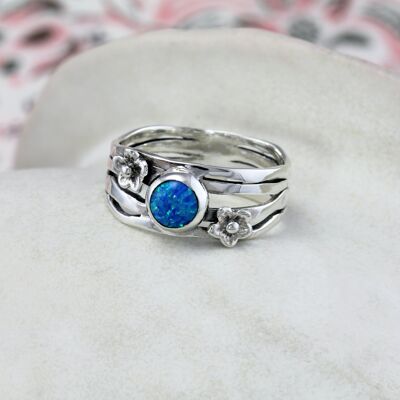 Multi-Banded Sterling Silver Ring with Blue Opal and Two Flowers