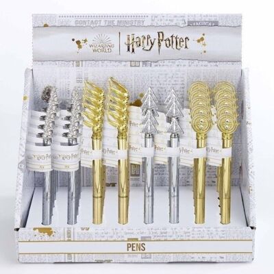 Caja expositora de bolígrafos metálicos de Harry Potter que contiene 10 bolígrafos de cada sombrero seleccionador, snitch dorada, reliquias de la muerte y giratiempos