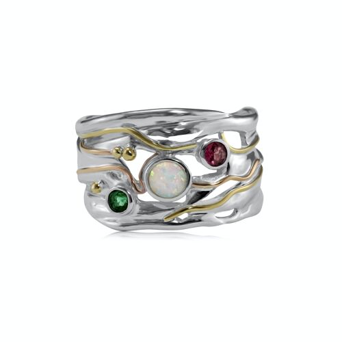 Silver Ring with White Opal, Emerald and Pink Tourmaline