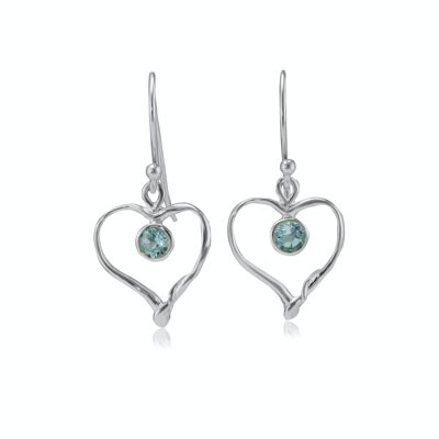 Boucles d'oreilles pendantes en forme de coeur bio avec topaze bleue