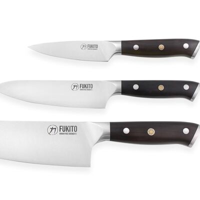 Caja de 3 cuchillos Fukito Ebony X50 Chef + Universal + Office