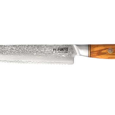 Fukito Olive Damascus Bread Knife 73 Layers 21cm