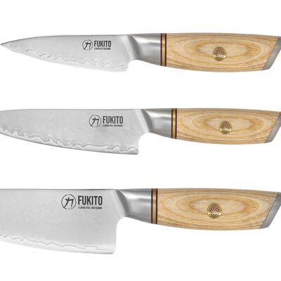 Caja de 3 cuchillos Fukito Pakka San Mai Chef + Universal + Office
