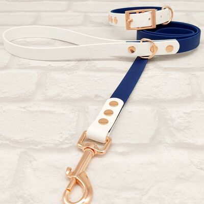 Waterproof BioThane© Two-Coloured Dog Collar & Dog Lead Set - Navy Blue & White