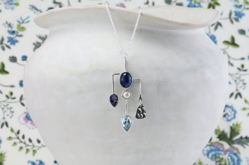Kyanite, Ioilite, Pearl and Blue Topaz Contemporary Pendant