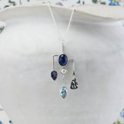 Kyanite, Ioilite, Pearl and Blue Topaz Contemporary Pendant