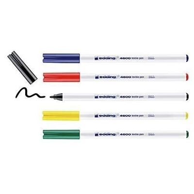 Edding 4600 - Felt pen for textiles - Box of 5 colors - Black, red, blue, green, yellow - Bullet tip 1 mm - For writing, creating signs, drawing fine patterns and decorations - Resistant to washing up to 60°C.