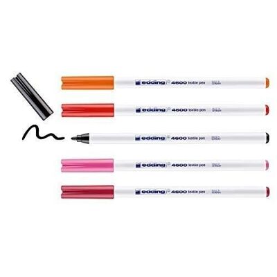 Edding 4600 - Felt pen for textiles - Box of 5 colours, warm - Black, red, orange, pink, carmine - 1 mm bullet tip - For writing, creating signs, drawing fine patterns and decorations - Resistant to washing up to 60° vs.