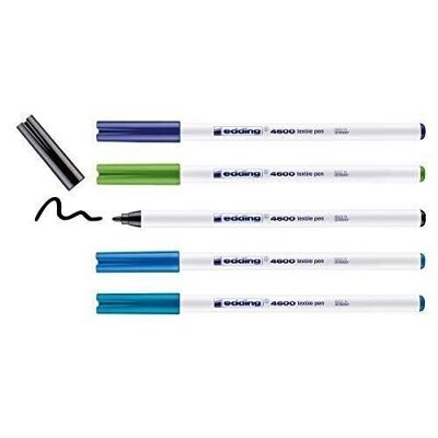 Edding 4600 - Felt pen for textiles - Box of 5 colours, cold - Black, blue, light blue, light green, oriental blue - 1 mm bullet tip - For writing, creating signs, drawing fine patterns and decorations - Resistant washing up to 60°C.
