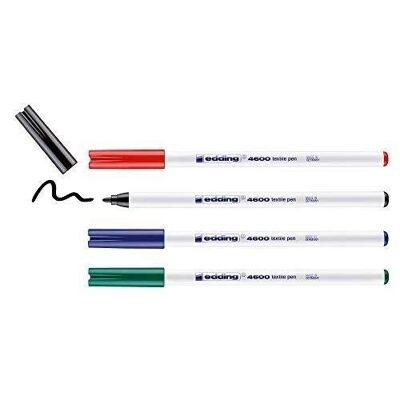 Edding 4600 - Textile marker - Blister of 4 assorted, basic colors - edding 4600 Textile marker - black, red, blue, green - 4 pieces - 1 mm round tip - textile marker machine washable (60 °C) for decorate fabric - textile marker