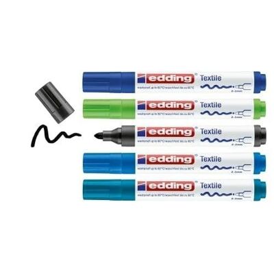 Edding 4500 - Marker für Textilien - Box mit 5 kalten Farben - Rundspitze 2-3 mm - Schwarz, 3x Blau, Grün - Tinte waschbeständig bis 60°C - Zum Schreiben, Zeichnen