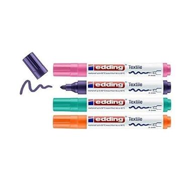 Edding 4500 - Marqueur pour textiles - Blister de 4 coloris amusants - Pointe ogive de 2-3 mm - Orange, violet, rose, vert - Encre résitante au lavage jusque 60 °C - Pour écrire, dessiner