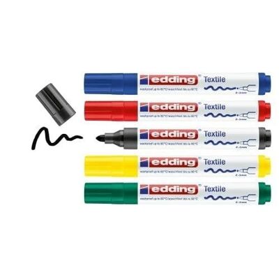 Edding 4500 - Textilmarker - Box mit 5 Farben - Rundspitze 2-3 mm - Schwarz, Rot, Blau, Grün, Gelb - Tinte waschbeständig bis 60°C - Zum Schreiben, Zeichnen