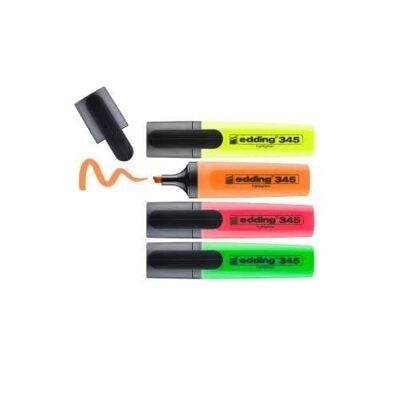 Edding 345 - Resaltador - Caja de 4 colores - Punta biselada 2-5 mm - Amarillo, naranja, rosa, verde - Perfecto para marcar y resaltar luminosamente textos y notas