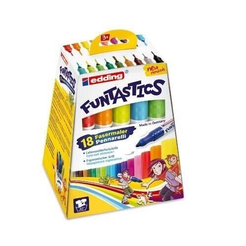 Edding 14 FUNTASTICS - Etui de 18 coloris - Feutre de coloriage large pour enfants - lot de 18 - Pointe ogive 3 mm - Pour s'amuser à colorier sur du papier et du carton de couleur claire - Lavable sur la peau et les textiles 