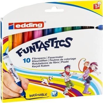 Edding 14 FUNTASTICS - Etui de 10 coloris - Feutre de coloriage large pour enfants - lot de 10 - Pointe ogive 3 mm - Pour s'amuser à colorier sur du papier et du carton de couleur claire - Lavable sur la peau et les textiles  2