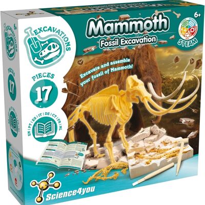 Science4you Kit per la caccia al fossile di mammut per bambini - Scava e assembla i 17 pezzi di fossili di mammut - Kit di scavo di fossili di dinosauro ideale per gli appassionati di set giurassici, archeologici e paleontologici