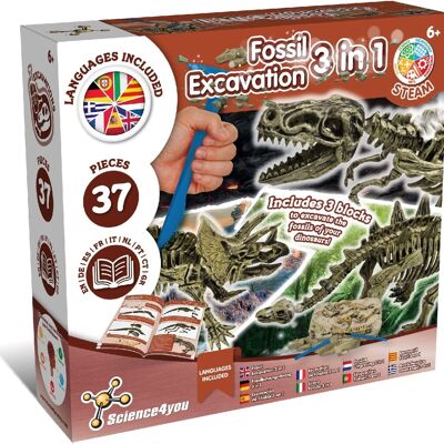 Excavación de fósiles 3 en 1 - Kit de excavación de fósiles para niños