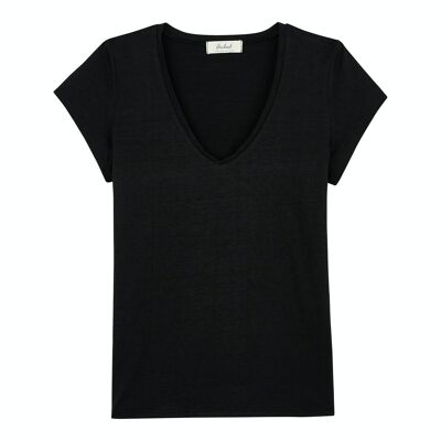 T-shirt col V femme lin - Noir