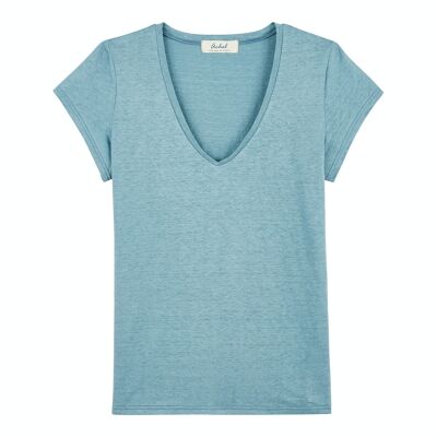 T-shirt col V femme lin - Ciel