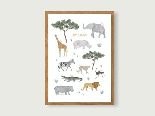 Poster "Auf Safari" - Afrikatiere |  Kinderzimmer | Kunstdruck A3 | Afrika | Löwe | Gepard | Kinder | Natur | Illustration || HERZ & PAPIER