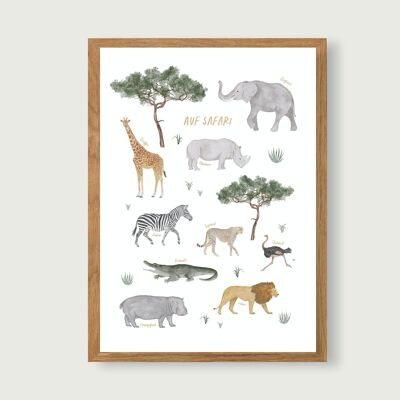 Poster "Auf Safari" - Afrikatiere |  Kinderzimmer | Kunstdruck A3 | Afrika | Löwe | Gepard | Kinder | Natur | Illustration || HERZ & PAPIER