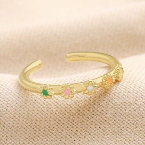 Adjustable Enamel Daisy Ring in Gold