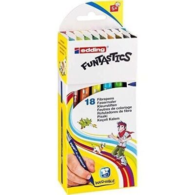 Edding 15 FUNTASTIC - Case of 18 colors - Fine coloring pens - Bright colors - 1 mm bullet tip - For coloring fun on light-coloured paper and cardboard - Washable on skin and textiles