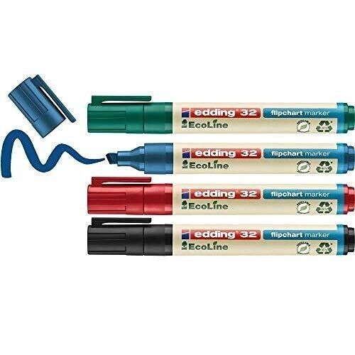 Edding 32 EcoLine - Marqueur pour chevalets - Etui de 4 coloris - Pointe biseautée 1-5 mm - Pour papier ou tableau de conférence - ne transperse pas - ne sèche pas - rechargeable