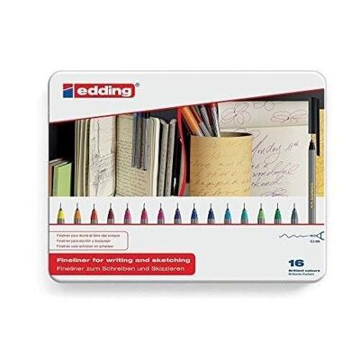 Edding 55 - Fineliner - Metal box of 16 colors - Synthetic tip 0.3 mm - Colored felt pen for writing, drawing, illustrating