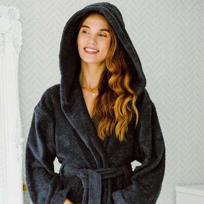 Women's Hooded Nua Cotton Dressing Gown - Dark Grey