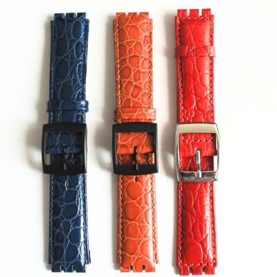 Viele Swatch-Uhrenarmbänder im Krokoleder-Stil