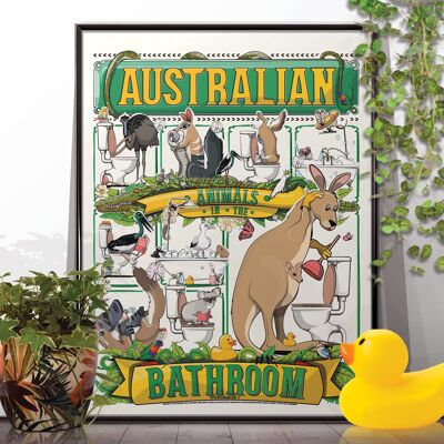Australian Animals in the Bathroom, funny toilet poster, wall art home decor print