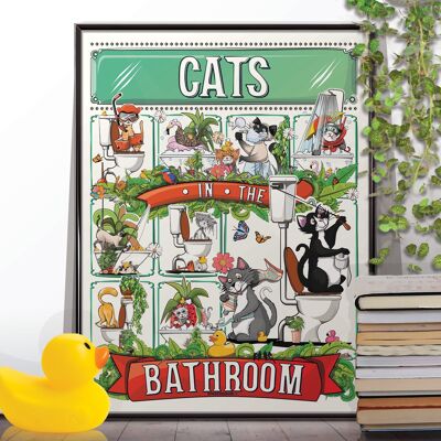 Katzen im Badezimmer, lustiges Toilettenposter, Wandkunst-Wohndekordruck