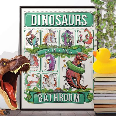 Dinosaurios usando baño divertido Póster