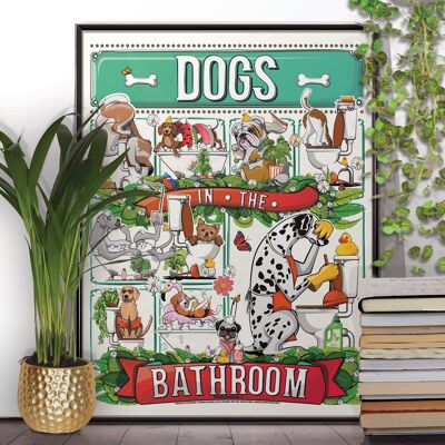 Chiens dans la salle de bain, affiche de toilette drôle, impression de décor à la maison d'art mural