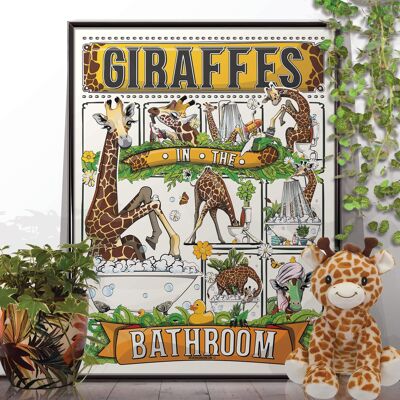 Giraffes in the Bathroom, funny toilet poster, wall art home decor print