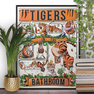 Tigri in bagno, divertente poster da toilette, stampa di decorazioni per la casa da parete