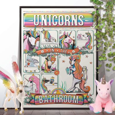 Unicornios usando el baño Póster