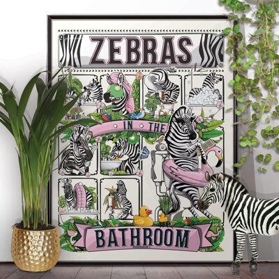 Zebre in bagno, divertente poster da toilette, stampa di decorazioni per la casa da parete