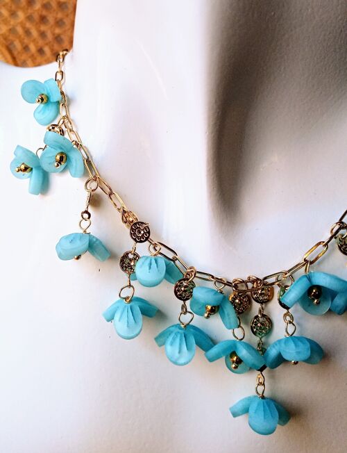 Collier réglable en acier 316L inoxydable et hypoallergénique avec fleurs pampilles turquoise