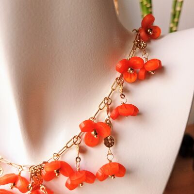 Adjustable necklace in 316L stainless steel and hypoallergenic with CORAL color tassel flowers