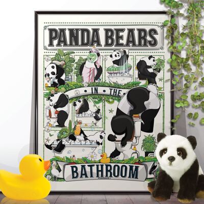 Osos panda en el baño, cartel de baño divertido, impresión de decoración del hogar de arte de pared