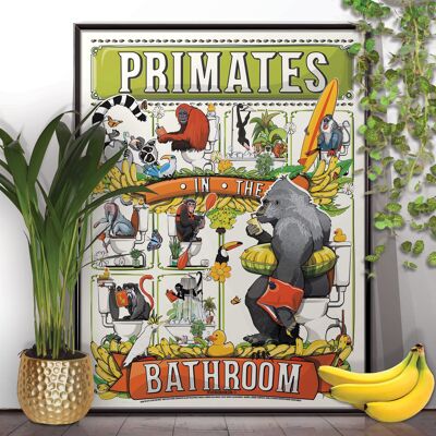 Primati in bagno, divertente poster da toilette, stampa di decorazioni per la casa da parete